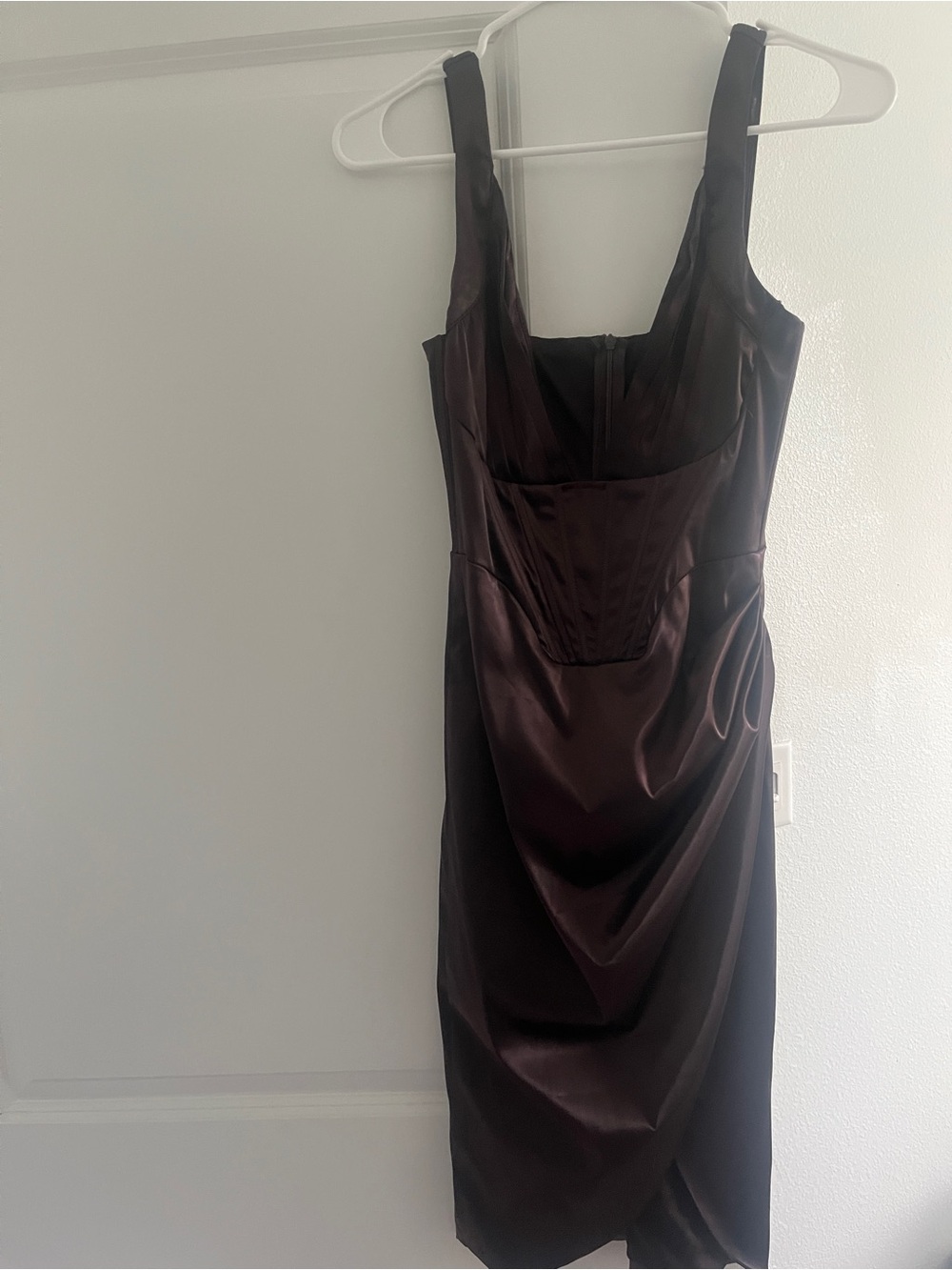 Plum Satin Square-Neck Midi Dress with Wide Straps
